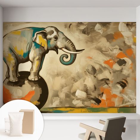 Papier peint intissé mural avec colle pour salon et chambre Décoration murale rapide - Colle incluse gratuite Éléphant abstrait 152x104 cm (1/5)