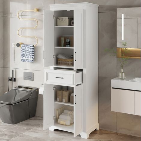Armario alto de baño 60x40x180 cm MDF blanco con cajón y puertas dobles OKWISH (1/5)