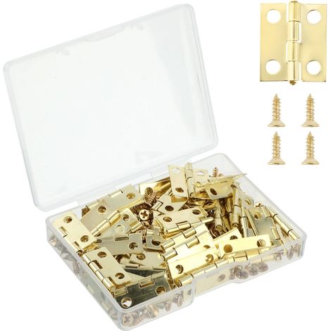 Lot de 50 mini charnières pour travaux manuels avec 200 vis - 18 x 15 mm - Petites charnières pour boîte en bois - Charnière de placard pliable dorée - Quincaillerie pour tiroir, porte, placard, boîte (1/5)
