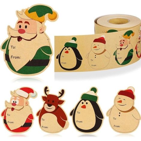 Lot de 500 étiquettes autocollantes de Noël en papier kraft, motif bonhomme de neige mignon, avec étiquettes de nom pour emballage cadeau de Noël, rouleau d'étiquettes autocollantes pour les fêtes (1/5)