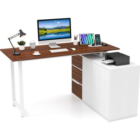 COSTWAY Scrivania Angolare a Forma di L con Presa di Corrente, Scrivania ad Angolo Salvaspazio e Reversibile con 3 Cassetti, Stazione da Lavoro per Ufficio a Casa (Marrone e Bianco) (1/5)