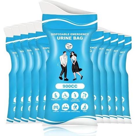 Lot de 12 sacs urinaires jetables, 900 ml, pour les voyages, le camping, les voyages, les femmes, les enfants, les patients et les femmes enceintes (1/5)