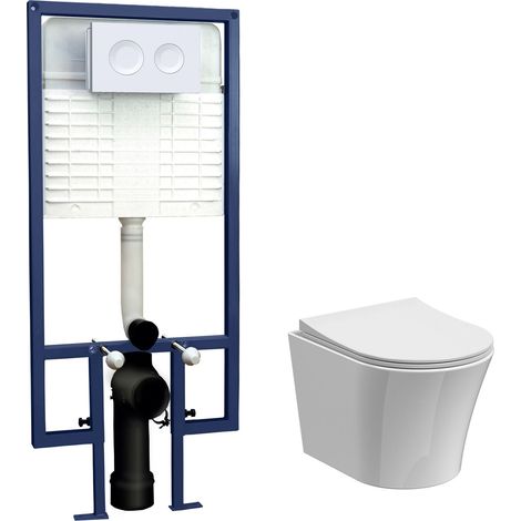 Baswich Contemporary Round Wall Hung Toilet Pan and Seat with Concealed Cistern and Flush Plate with Round Buttons - White