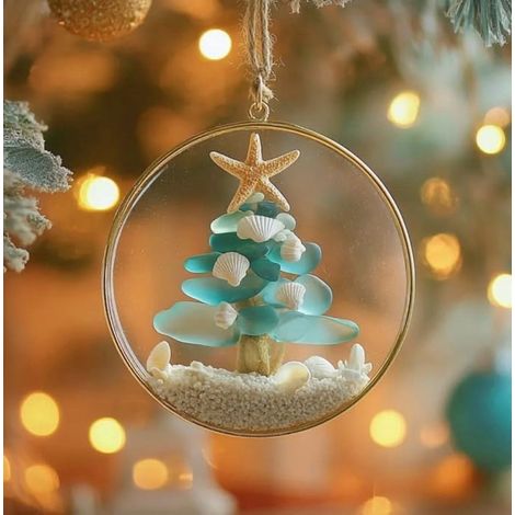 Ornement De Sapin De Noël En Verre De Mer - Arbre De Noël Miniature Avec Étoile De Mer Et Sable Blanc - Décoration Festive Pour Intérieur - 1 Pièce (1/5)