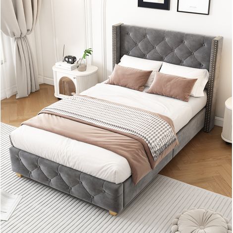 MEUBLIV Cama 90x200 cm gris – cabecero tapizado, somier de lamas, sin colchón (1/5)