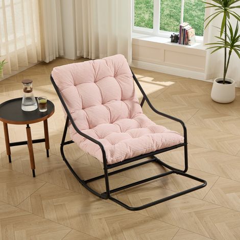 Fauteuil à bascule extérieur noir, coussin rose épais confortable, pour salon, jardin ou lecture, 75x116x82 cm (1/5)