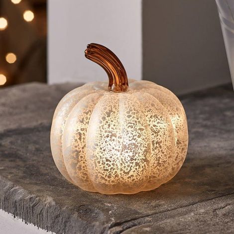 Citrouille Déco Halloween Lumineuse en Verre à la Patine Blanche à LED Blanc Chaud à Piles pour Intérieur (1/4)