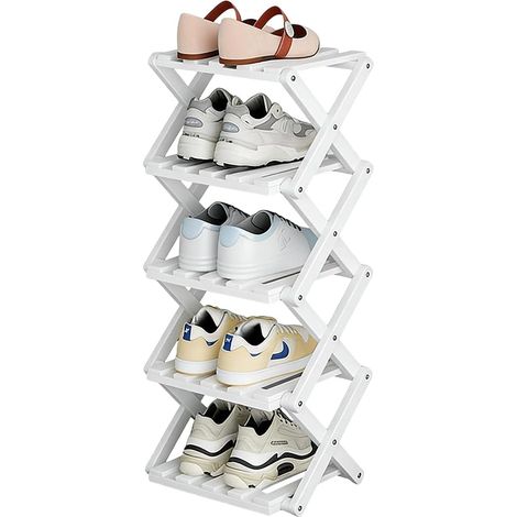 Petite étagère à chaussures pliable à 5 étages en bambou blanc – Organiseur de chaussures autoportant pour entrée, chambre à coucher, coin salon et armoire Sans installation Peu encombrant et (1/5)