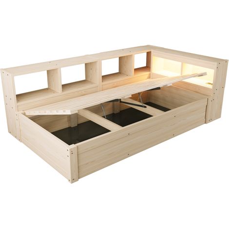 GagaLit multifonction 90x200 cm avec prise, LED et rangements, bois (1/5)