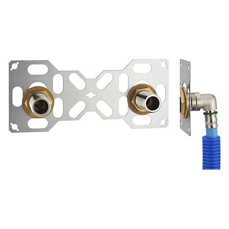 FIXSYSTEM doppio: kit completo per il fissaggio di un rubinetto a parete con interasse di 150 mm Gomiti di alimentazione da crimpare sul tubo NOYON & THIEBAULT PER - Ø 16 mm, uscita 3/4' maschio (20x2