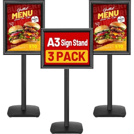 Lot de 3 Porte Affiche A3 sur Pied avec Base Lourde - Présentoir Menu Extérieur Réglable 360°, Support de Panneau, cadre encliquetable pour menu, Support Publicitaire Commerce, Bureau(Noir)