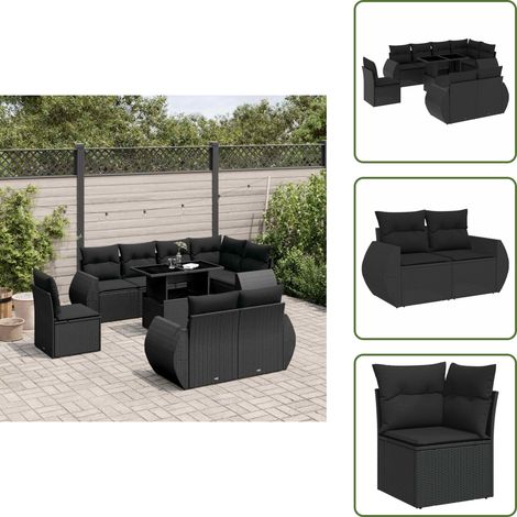 Salon de jardin 9 pcs avec coussins noir résine tressée - Ensemble Salon De Jardin - Salon De Jardin Extérieur - Meuble De Jardin - Mobilier De Jardin - Résine Tressée (1/5)