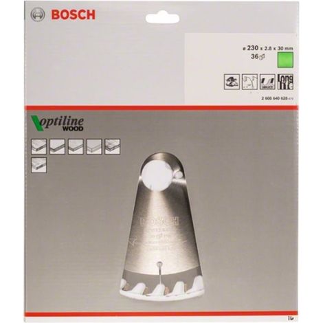 BOSCH DISCO SIERRA OPTILINE MADERA130 X 2.4 X 20/16D: 20WZ Diámetro disco x eje (mm) 230x30 Número de dientes 36