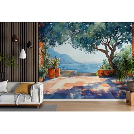 Papier peint campagne - patio ombragé sur la mer - 150 x 250 cm (1/2)
