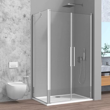 Box doccia angolare 80x80 con apertura saloon in vetro temperato trasparente con profili cromati Neos