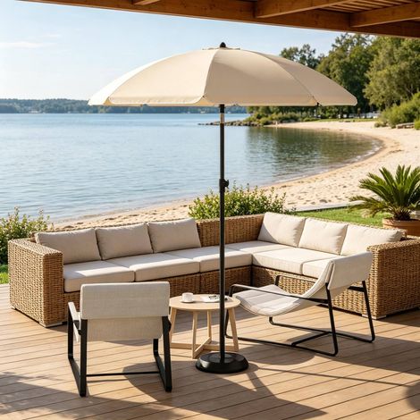 Parasol de plage en métal beige, toile polyester UPF 50+, inclinaison 35°, hauteur réglable, avec housse (1/5)
