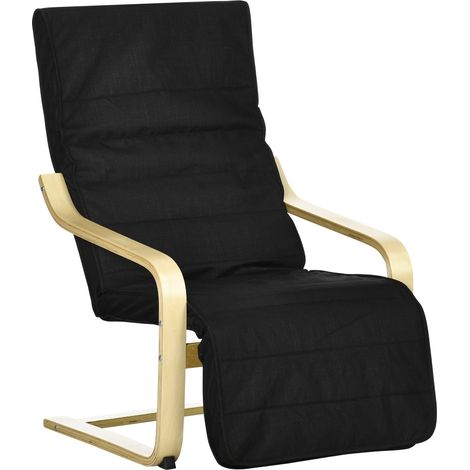 Relaxsessel Schwingstuhl, Ruhesessel, Relaxstuhl Mit Verstellbarem Fußteil, Esszimmerstuhl Mit Leinenoptik, Birkenholz, Schwarz