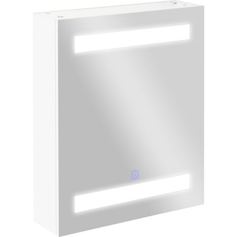 Armadietto Pensile da Bagno con 1 Anta, Specchio e Luci a LED  2 Ripiani Interni  MDF Bianco (60 x 50 x 15cm)