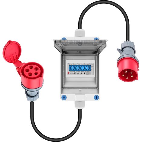 Compteur Electrique Mobile Triphasé, 32 A 400 V Compteur Numérique Mobile  avec Fiche CEE et Connecteur, Compteur Numérique Mobile avec Fonction de Réinitialisation, Câble de 2 m (1/5)
