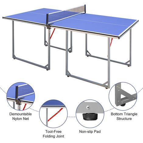 Table de ping-pong de taille moyenne (182 cm / 6 pieds), pliable et portable, avec filet, 2 raquettes et 3 balles (bleue) pour jouer en intérieur et en extérieur. (1/4)