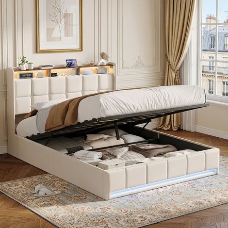 Lit 140x190cm avec Ports USB et Lumière LED, Lit Coffre Capitonné avec Sommier à Lattes et Rangement Hydraulique, Tête avec Compartiment de Rangement, Tissu en Lin, Beige (1/5)