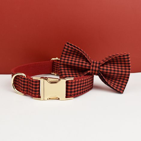 Collier pour chien à motif plaid avec nœud papillon, réglable, taille XL, rouge et noir (1/2)
