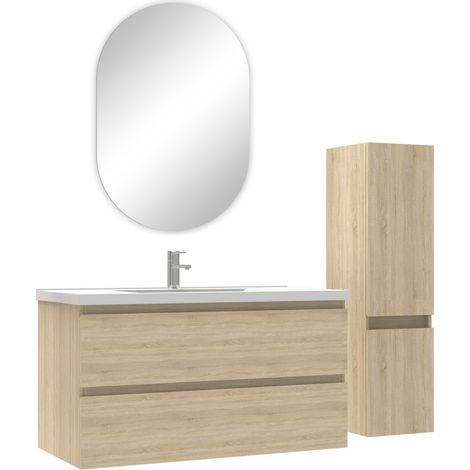 Ocean ensemble meubles Salle de Bain 100cm vasque + colonne + miroir ovale Chêne Wotan