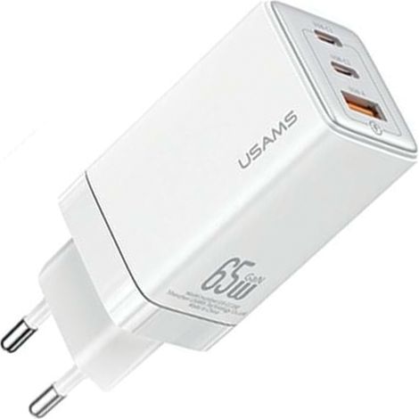 Chargeur réseau USAMS 2xUSB-C + 1xUSB 65W (tête uniquement) GaN PD3.0 + QC3.0 Charge rapide blanc Série Sandru CC180TC02 (US-CC180) (1/5)