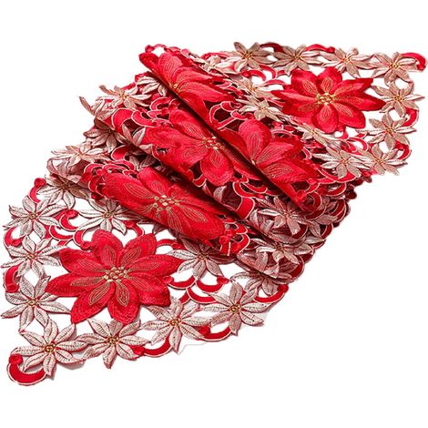 Drape De Table - Fleur De Noël Brodée - Rouge - 38 X 176 Cm - Pour Décoration De Table Festive - 1 Pièce (1/5)