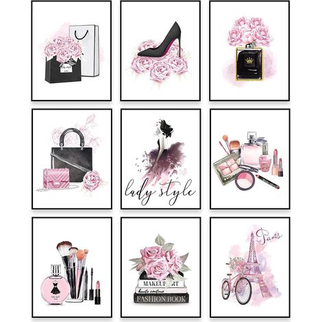 9 Pièces Arts Murales Modernes Femmes Affiches Murales Chambre Roses Décorations Murales de Parfum Sacs à Main Talons Hauts Fille pour Décorations de Salon Chambre de Maison, Sans Cadre (1/5)