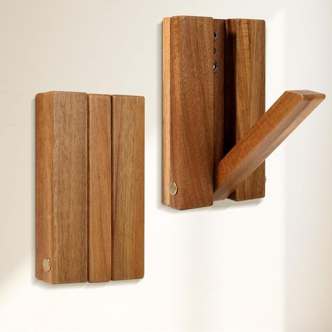 Stilvolle Wandhaken für Mäntel, Hüte und Schlüssel – Rustikales Massivholz, platzsparendes, einziehbares Design für Eingangsbereich und Badezimmer – Robuste 2er-Packung faltbarer Haken für Handtücher, (1/5)