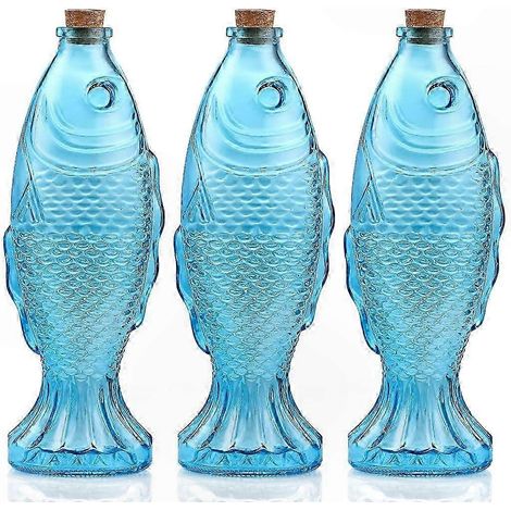 Ensemble de 3 bouteilles en verre en forme de poisson avec bouchons en liège pour la décoration de la maison et du bar (1/5)