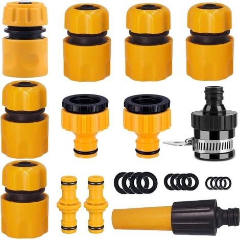 Schlauchverbinder-Set für Gartenschläuche. 1 Düse, 5 Schnellverbinder für Schlauchenden, 1 Wasserstopp-Schlauchverbinder, 2 doppelte männliche Schnappverbinder, 2 Schlauchhahnverbinder 1/2 Zoll und 3/