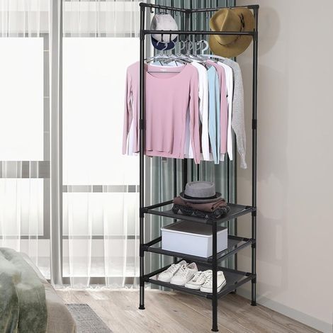 Porte-Manteaud'angle avec étagère de Rangement à 3 Niveaux Porte-Manteau sur Pied Hall Tree pour Entrée, Couloir, Bureau, Hôtel - Noir (1/5)