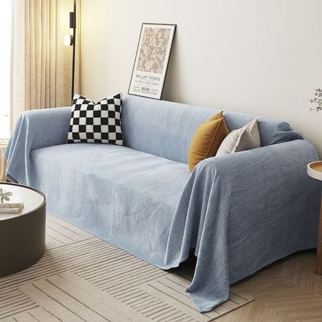 Bleu brumeux 180x220 Housse de canapé en chenille, couleur unie, anti-griffures de chat, toutes saisons, couverture intégrale (1/5)