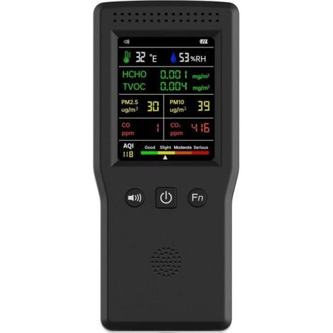 9-in-1 Air Quality Monitor: CO2, CO, PM2.5, HCHO, TVOC, Temperature, Humidity, Home Air Quality LCD Display - Black (1/4)