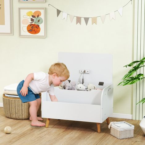 Coffre à jouet enfant, coffre de rangement enfant, couvercle rabattable et compartiment ouvert, 60x40x43cm, blanc (1/5)