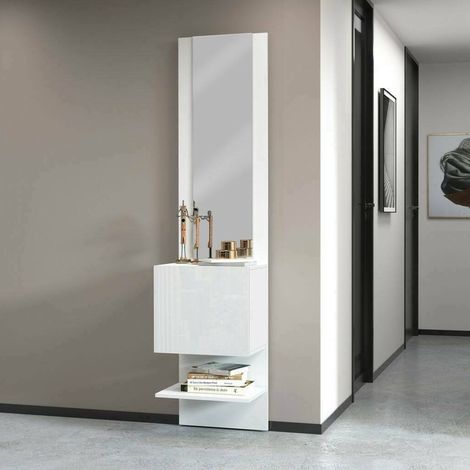 Dmora - Mueble de entrada Vitale, Mueble multifuncional con espejo, Zapatero con 1 puerta, 45x35h190 cm, Blanco, con embalaje reforzado (1/5)