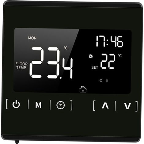 – Touchscreen electric underfloor heating thermostat – Programmable 5-2 days – Frost and overheat protection – AC 85-250V – 71x40mm LCD screen (1/5)