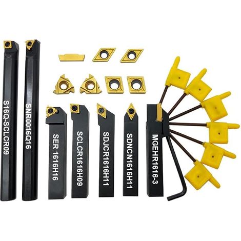 21 pièces d'outils de tournage de 16 mm, 7 pièces de porte-outils de tournage, pour le tournage de rainures, le fraisage de filets et autres usinages, avec 14 plaquettes en carbure CCMT32.51 (1/5)