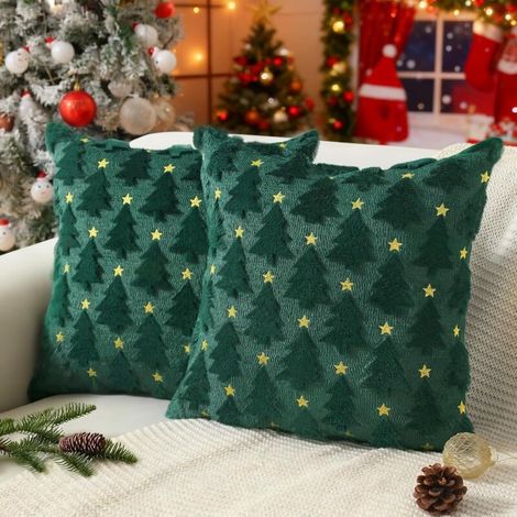 Housse de Coussin Noël 45x45cm Lot de 2, Étoile Arbre de Noël Taies d'oreiller Décoratives Housses de Coussin de canapé en Peluche pour la Décoration de Salon Chambre Chaise Canapé Lit (Vert) (1/4)