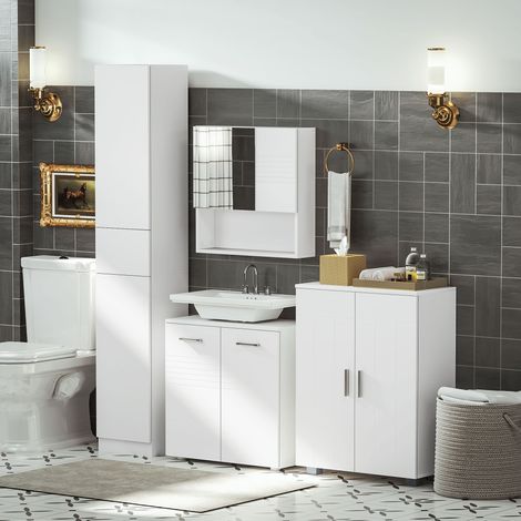 Armoire sous lavabo blanc brillant 2 portes, meuble de salle de bain en bois avec étagère ajustable, rangement gain de place. (1/5)