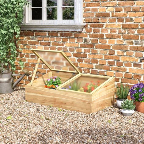 Mini serra Outsunny per piantine, dimensioni: 100L x 50W x 36H cm, tetto a due falde con aperture separate, pannelli in policarbonato, legno di abete pre-oliato. (1/5)