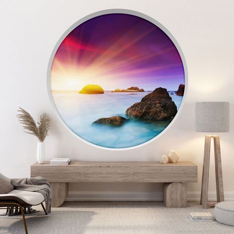 Stickers Trompe l'oeil Arche ronde - Vue mer couché de soleil - Diamètre 30 cm (1/4)
