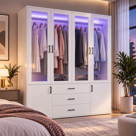 Armoire 160 x 51,8 x 182 cm avec 4 portes vitrées, LED intégrées, 3 tiroirs, 2 penderies, Armoire penderie blanche bois, armoire de chambre (1/5)
