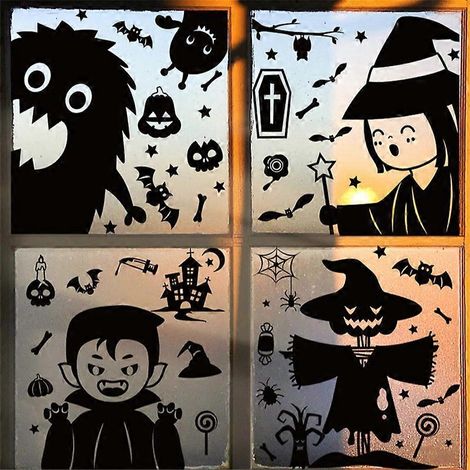 Pegatinas para ventanas de Halloween Pegatinas para ventanas de Halloween con cabeza de calabaza, demonio, espantapájaros, bruja Decoraciones Pegatinas de ventanas aterradoras para la decoración de fi (1/5)