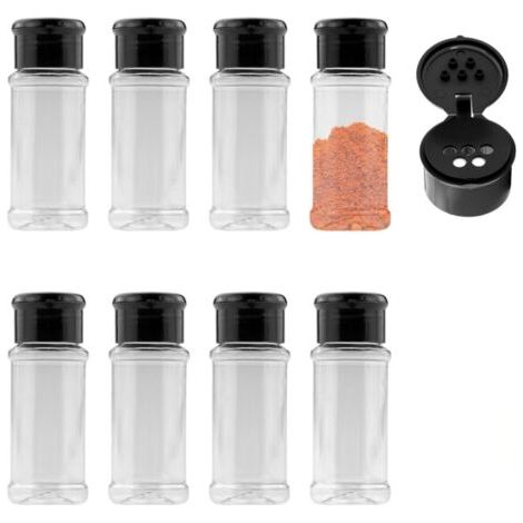 QORVA-8 Pièces Petite Pots à épices en Plastique, 100 ml Conteneurs de Pots à Epice avec Couvercle et 5 Trous, Réutilisable Rondes Bocal à épices, pour épices, Sel, Poivre, Poudre, Herbes et Poudres (1/5)