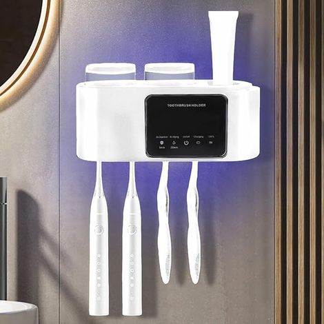Wall Mounted Toothbrush Holder with Storage Compartment, Electric Toothbrush Holder with Drying Function for Bathroom, Brush Slots, Cups
