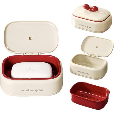 1er Pack Boîte à savon, Blanc ivoire avec ruban, Boîte à savon hydrophile, Conteneur à savon avec égouttage, pour voyage, camping, maison, douche, salle de bain (Avec couvercle) (1/5)