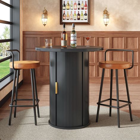 Mesa de bar con 2 taburetes – Mesa alta redonda con almacenaje, 2 taburetes ergonómicos, efecto madera MDF, para bar y salón (1/5)
